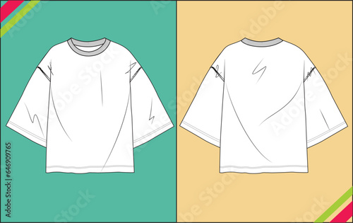 WOMEN OVERSIZED COTTON CREW NECK DROP SHOULDER T SHIRT SKETCH FASHION TEMPLATE TECHNICAL DRAWING ILLUSTRATION