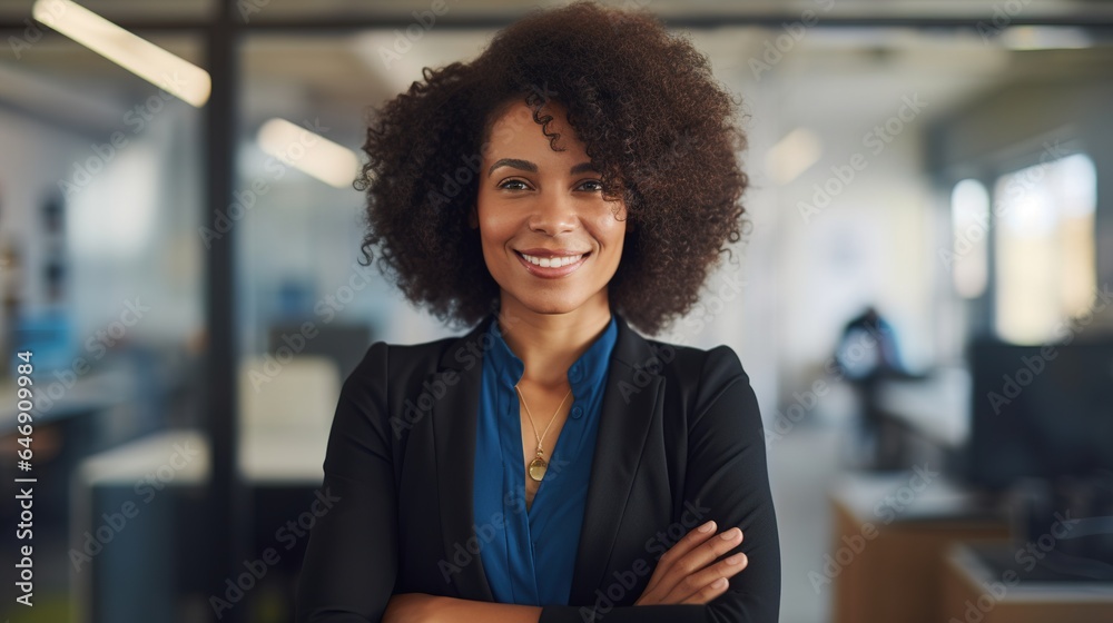 Human resources manager with a winning smile, vision, and leadership. Portrait of a black businesswoman working in a startup office with her arms crossed, smiling, and feeling upbeat.