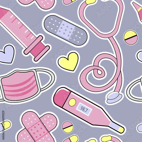 nurse doctor cartoon pink elements background pattern seamless