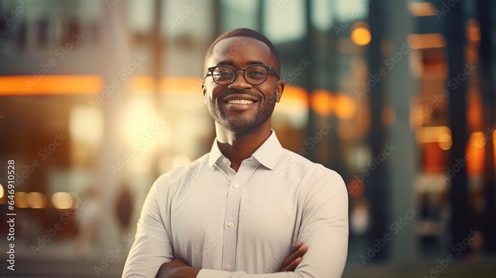 successful african businessman stands in a modern skyscraper, contemplating his successful concept. successful african businessman stands in a modern skyscraper, contemplating his successful concept.