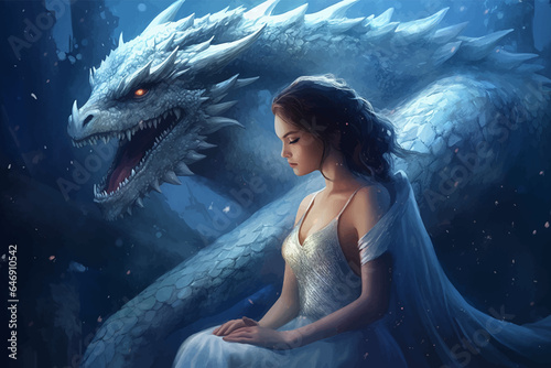 Beautiful woman next to a blue Fantasy Dragon. Sorceress and an ancient monster. Girl and Fantasy Creature. Lizard. Magical world. Portrait. Fairytale scene. 3D Vector illustration