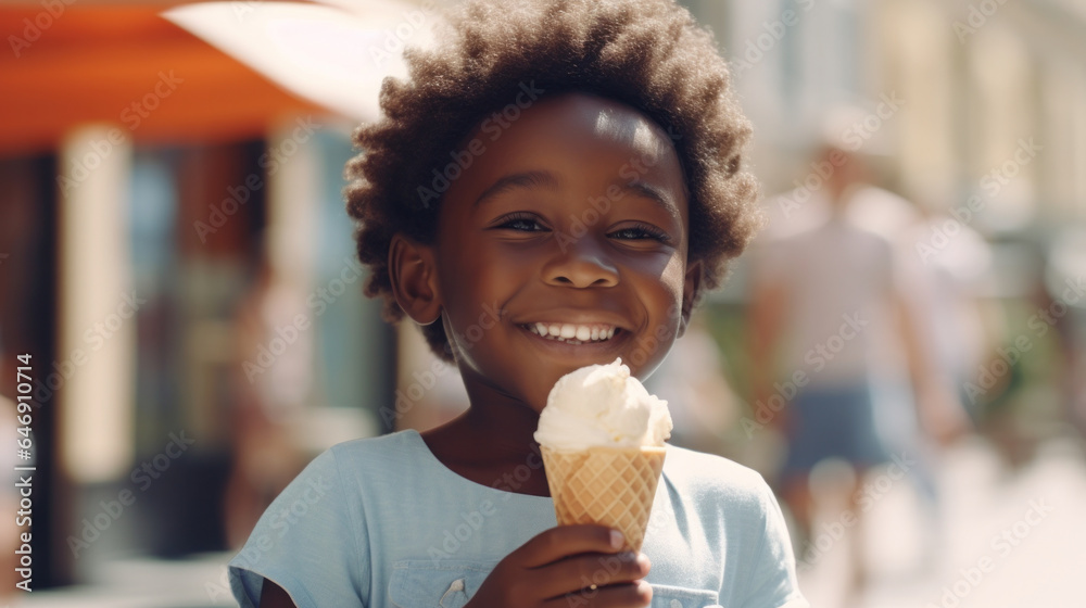 Sunlit City Moments: Young African American Boy Relishing a Gelato Cone Amidst a street Backdrop. Sunlit City Moments: Young African American Boy Relishing a Gelato Cone Amidst a street Backdrop.