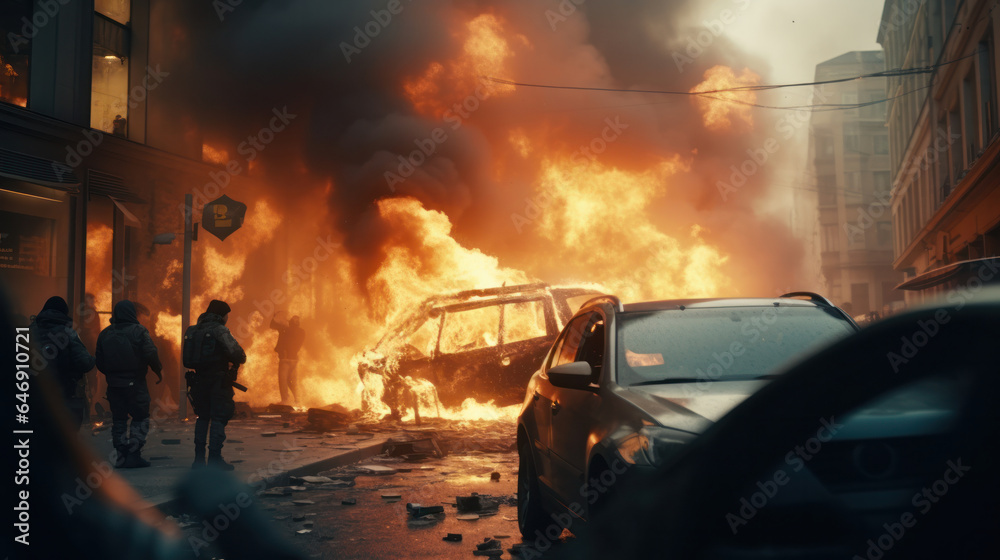Obraz premium A Documentary Snapshot of Daytime Revolutionary Protests: Burning Buildings, Cars, and Police Special Forces Confronting Protesters.