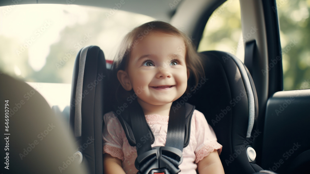 Journey in Joy: Smiling Baby Girl Securely Fastened in Her Car Seat, Ready for the Road Ahead. Journey in Joy: Smiling Baby Girl Securely Fastened in Her Car Seat, Ready for the Road Ahead.