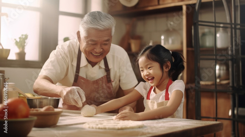 Baking Bonds: Asian Grandpa and Granddaughter Weaving Memories While Crafting Cookie Dough in the Kitchen.