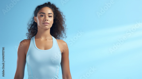 Empowerment in Motion  Radiant Fit Female Showcases Athletic Elegance Against a Soft Blue background  Celebrating Fitness and Lifestyle.