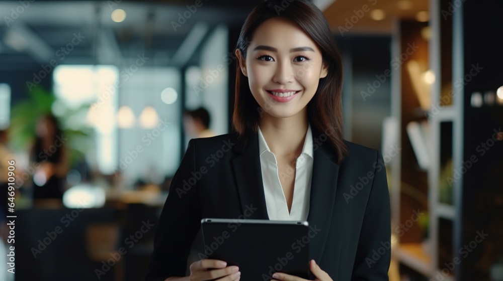 Portrait of an Asian businesswoman using a tablet while working in the workplace.