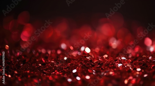 Abstract red shiny Christmas or Valentine's Day background with bokeh. Holiday bright blurred backdrop with particles.