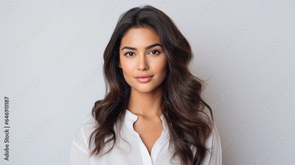 Beautiful businesswoman lady with a white suit shirt, arms folded, looking front in the camera. white backdrop Beautiful businesswoman lady with a white suit shirt, arms folded, looking front in the camera. white backdrop
