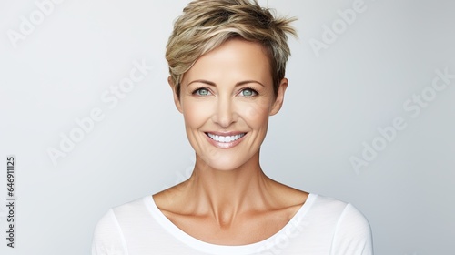 smiling joyfully female on white background