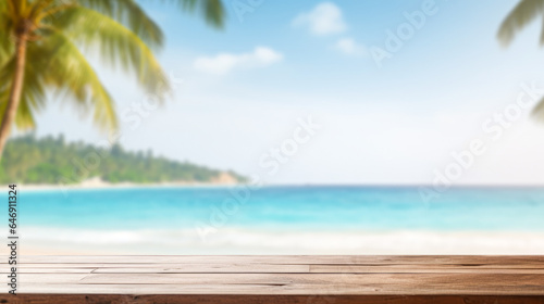 Wooden table top on blur tropical beach background