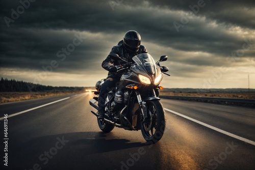 Motorcycle driver riding alone on asphalt motorway. ai generative