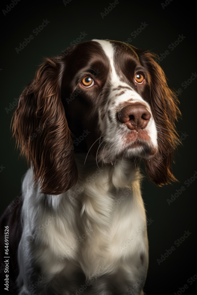 Portrait of an English Springer Spaniel dog with sad eyes