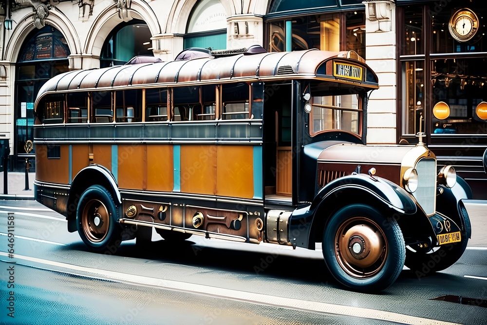 Obraz premium Steampunk bus, generative ai