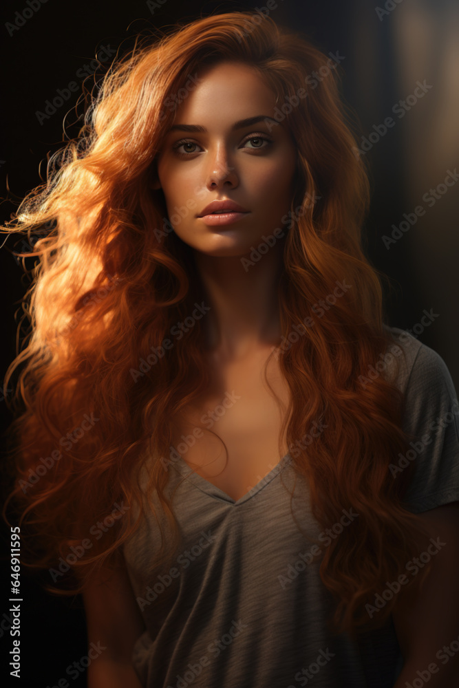 Chiaroscuro portrait of a beautiful young woman with long waiving flowing hazel hair Chiaroscuro portrait of a beautiful young woman with long waiving flowing hazel hair