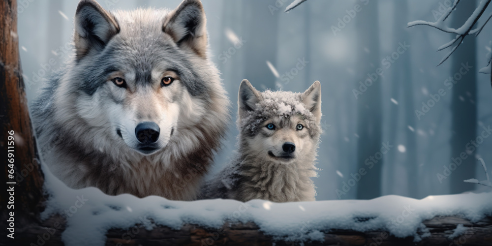 Portrait of a female wolf with her cub in a frozen forest