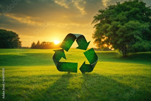 Recycle sign on a Green grass sunset. ai generative