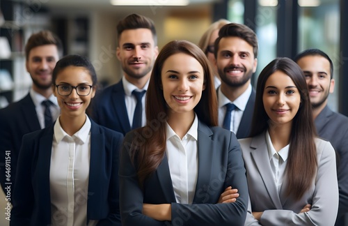 A diverse group of business people poses for a professional team photo, exuding confidence and professionalism, Genarative ai