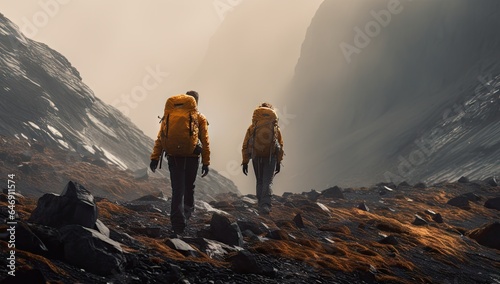 hikers hiking through misty mountains foggy day Generative AI