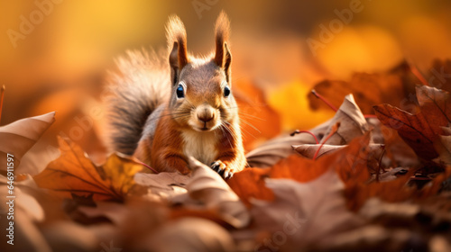 A cute squirrel playing in a pile of autumn leaves. Hello autumn