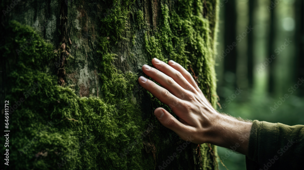 A hand delicately touching moss on a large tree trunk, reflecting a profound connection with nature and environmental responsibility - obrazy, fototapety, plakaty 