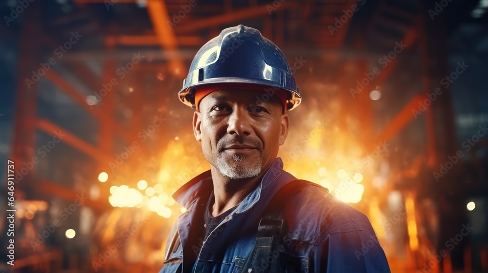 Engineer or worker in the heavy industry in a professional portrait wearing a safety uniform. Unfocused, massive industrial factory in the background with flying welding sparks. generative ai Engineer or worker in the heavy industry in a professional portrait wearing a safety uniform. Unfocused, massive industrial factory in the background with flying welding sparks. generative ai