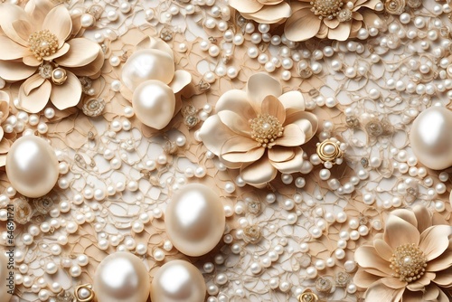 3d wallpaper, jewelry flowers, pearls on lace background.