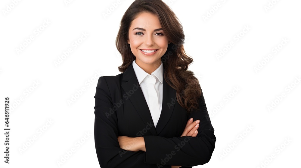 Close-up portrait shows a young business woman smiling at the camera, feeling pleased and optimistic on white background. Close-up portrait shows a young business woman smiling at the camera, feeling pleased and optimistic on white background.
