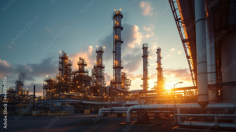An overview of the industry The distillery sits in an industrial neighborhood with overcast skies and a sunrise. Storage tanks for oil and natural gas in the refining industry. generative ai