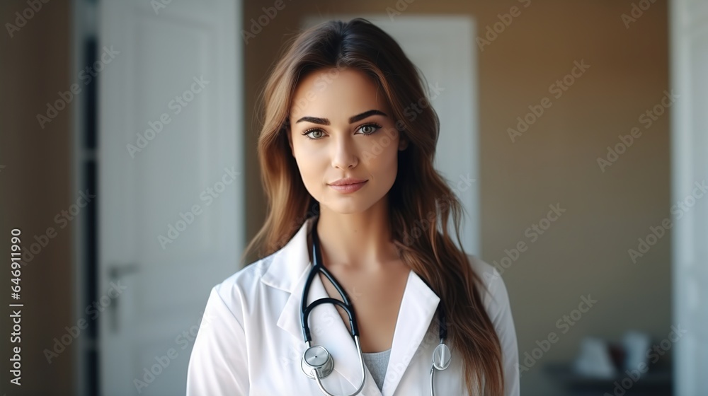Confident young female physician stands. Looking at the camera is a proud professional woman doctor therapist. Portrait of a female general practitioner dressed in a white coat. Confident young female physician stands. Looking at the camera is a proud professional woman doctor therapist. Portrait of a female general practitioner dressed in a white coat.