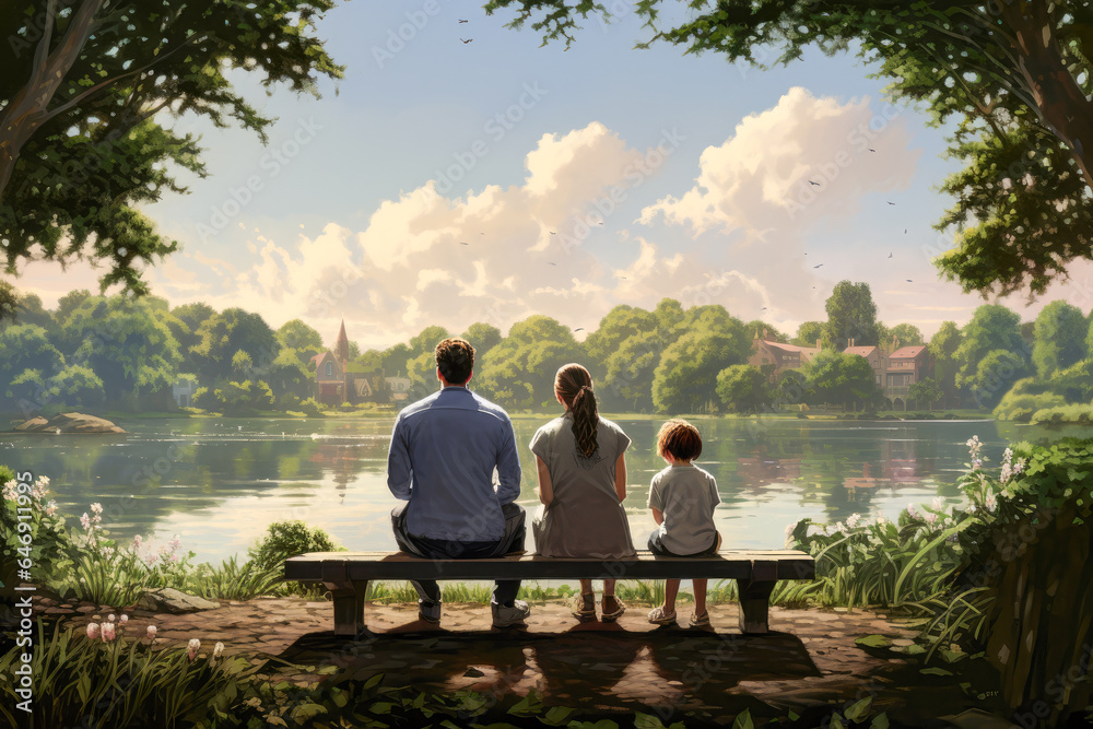 Back view of young couple sitting on a bench and looking at the lake