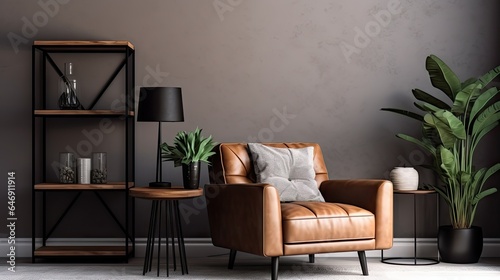 Elegant masculine living room interior design with mock up poster frame, brown armchair, industrial geometric shelf, and personal accessories.