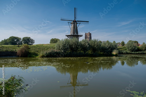 Colorful panoramic view of the Dutch fortress town Woudrichem in the province of Noord-Brabant on a sunny day in the fall season