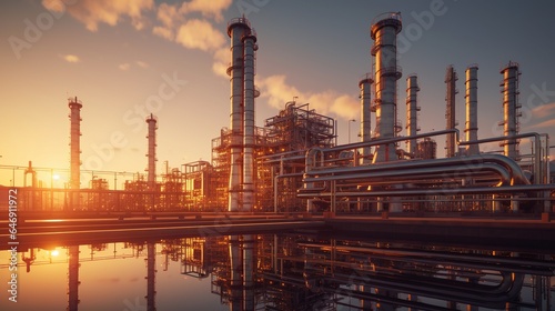 oil refinery plant at sunset. generative ai