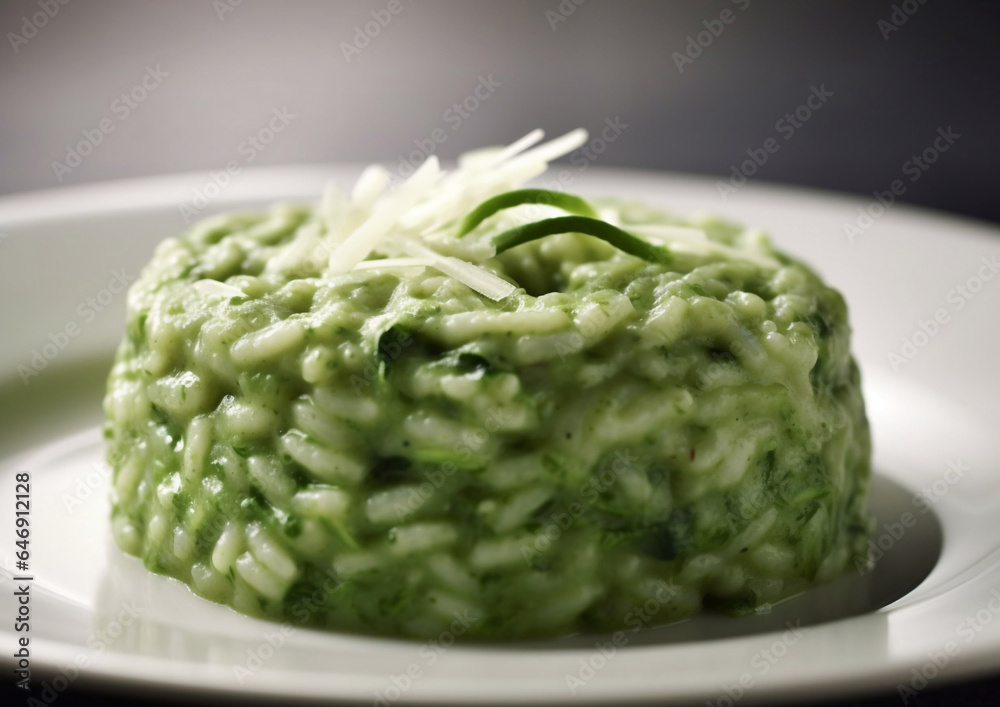 Creamy spinach risotto rice in plate.Macro.AI Generative Creamy spinach risotto rice in plate.Macro.AI Generative