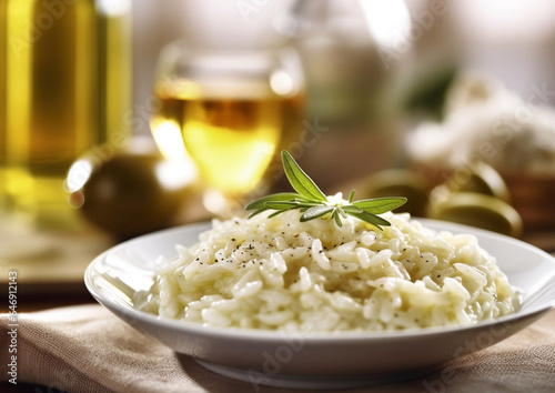 Vegan risotto rice with glass of white wine in fine dining restaurant.Macro.AI Generative
