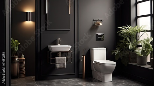  a bathroom with a black wall mounted toilet, matching accessories (toilet paper holder and toilet brush), and white ceramic tiles.