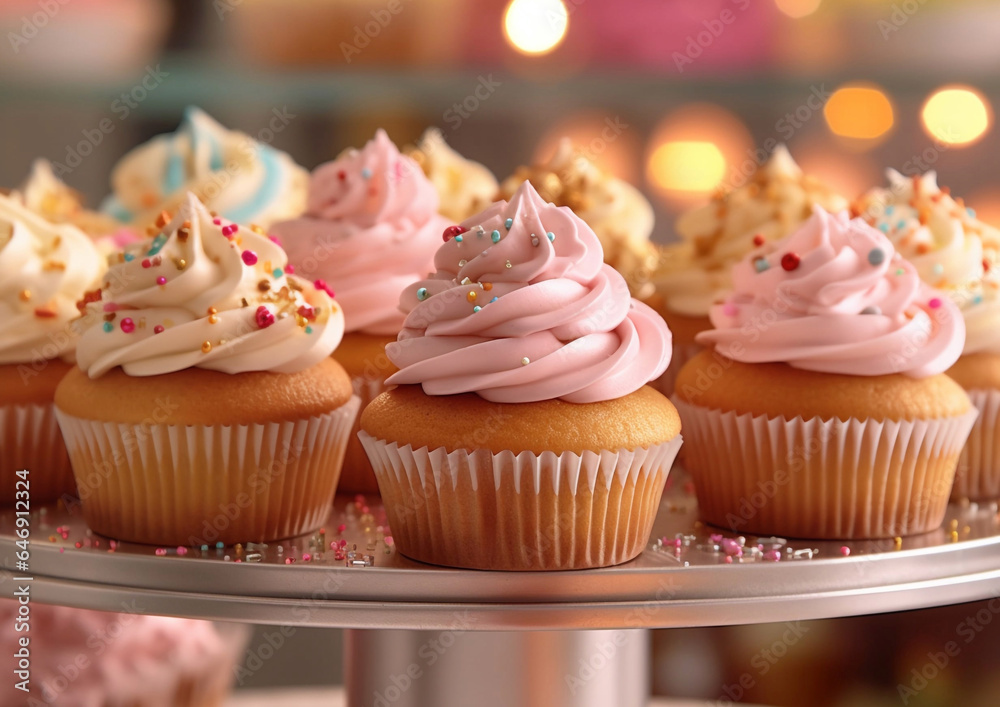 Dessert stand with cupcakes with pink sweet cream.Macro.AI Generative