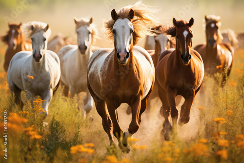 a herd of horse running through the meadow