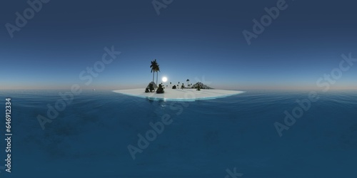 Tropical island with a palm tree at sunset. HDRI, environment map , Round panorama, spherical panorama, equidistant projection, panorama 360, seascape, 3d rendering.