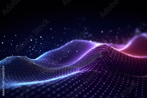 Abstract digital data background with wave pattern and moving dots.