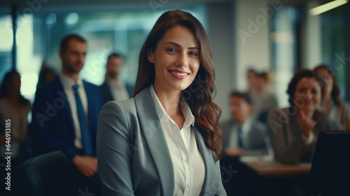 portrait of a professional woman in front of team at office 