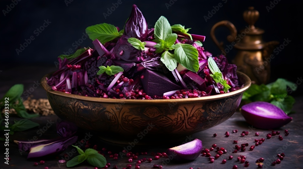 Various purple vegetables in a bowl. Minimal background with copy space.