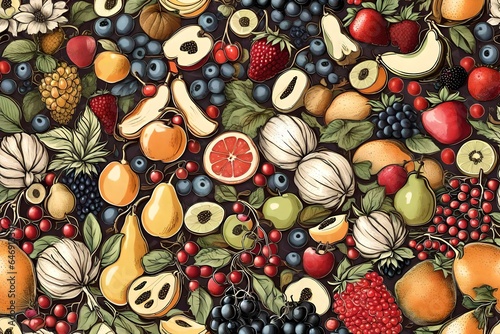 Vintage seamless pattern with fruits and berries.
