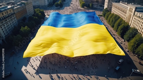 Aerial shot of a large Ukraine flag in a city square, emphasizing unity