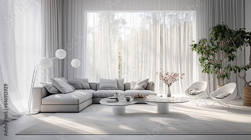 Białe wnętrze salonu pokoju z sofą firanami i kwiatami  roślinami domowymi