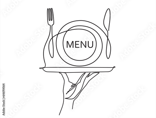 Continuous one single line drawing of hand holding dish with plate, fork and knife. Menu food design. Vector illustration.