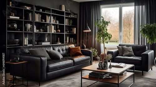 Przytulny czarny pokój salon z sofą zasłonami i oknem © VILKTERIO