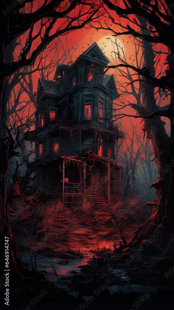 Wooden Haunted house and full moon. Spooky Old Haunted house in spooky dark forest. Haunted house in the night forest. Moonlight. Witch's house. Mystical. Halloween scene. Halloween concept Vector art