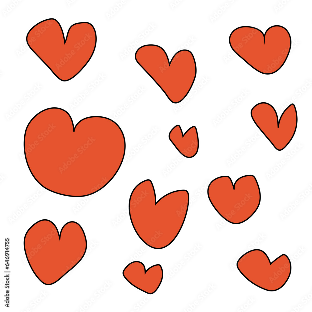 Hearts red icon in hand drawn style. Handmade painted black line heart vector illustration white background. 